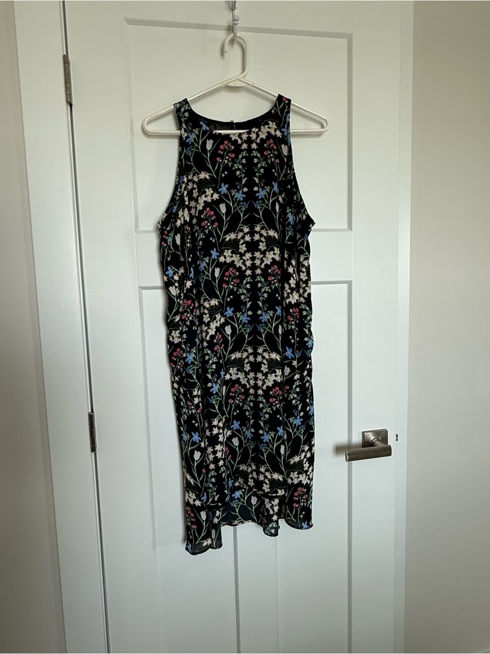 Sleeveless Black Floral Midi shirt Dress with Pink and Blue Blooms